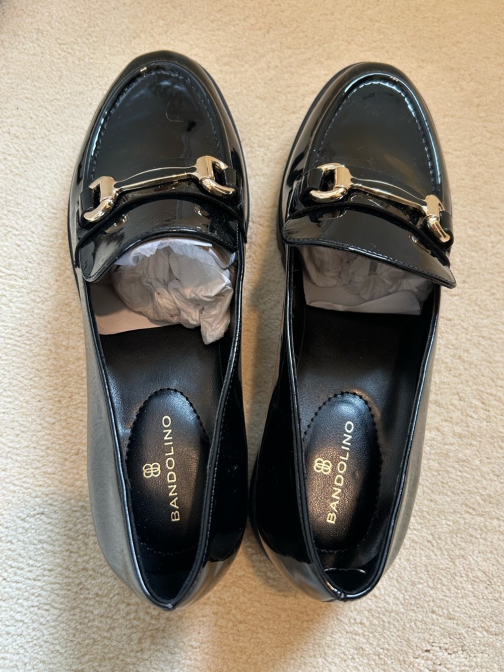Bandolino Black Patent Loafers with Gold Bit Accent